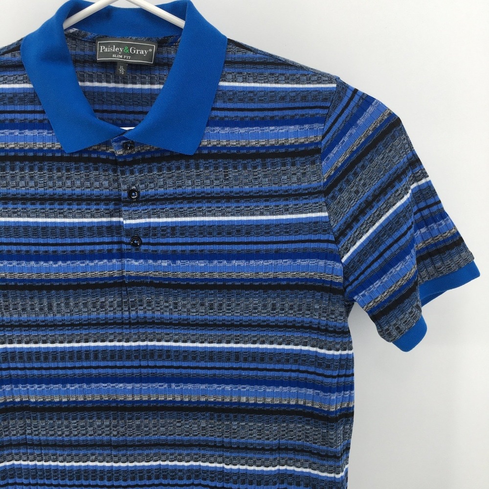Paisley & Gray Polo Shirt Men XL Blue Black Striped Slim Fit Textured Knit SS